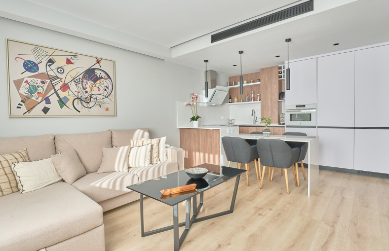 Salón moderno y cocina americana con diseño minimalista.