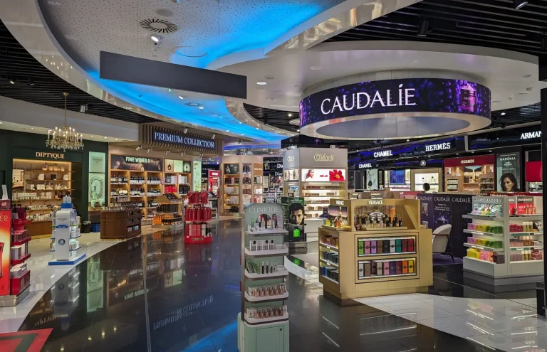 Tienda de perfumes y cosméticos de lujo en aeropuerto.